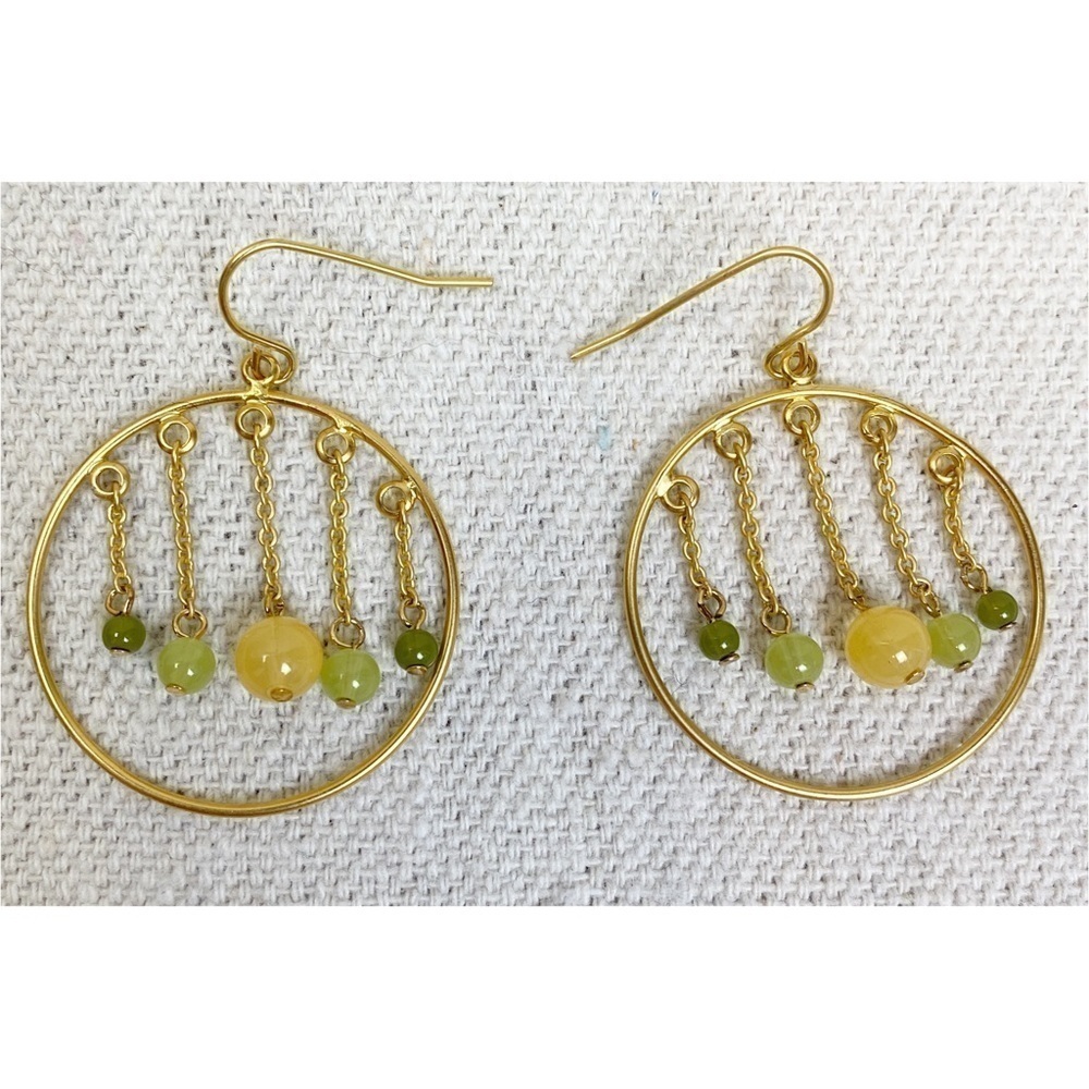 Matte gold circle dangle earrings with chains and green beads